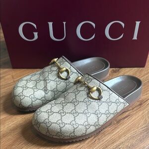 Gucci Cream Mules with Horsebit Detail